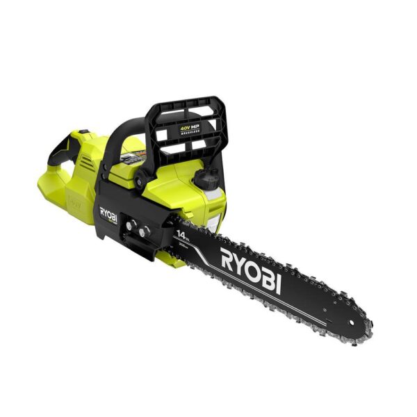 40V HP Brushless 14 in. Electric Cordless Chainsaw with 4.0 Ah Battery and Charger RYOBI The 40V HP 14in Cordless Chainsaw includes features to make your cutting experiences more efficient than a gas unit, With the convenience of battery powered operation. With the pull of a trigger, the 40V HP technology paired with a brushless motor delivers 15% more power, Along with longer runtime and motor life. With a 24" cut capacity, adjustable automatic oiler, side access chain tensioning, and on-board tool storage, You'll experience easy, comfortable operation for any clearing jobs. As part of the Ryobi 40V system, it is compatible with all 40V batteries. Best of all, the Ryobi 40V 14" HP Cordless Chainsaw is backed by 5-year warranty.