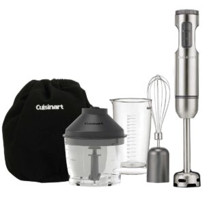 Cuisinart Immersion Hand Blender with Storage Bag Versatile and durable, this essential kitchen tool provides the high performance today’s home chef’s demand. The 300-watt motor delivers maximum power with minimum noise. The extra-long stainless steel shaft reaches deep to blend in bowls, pots, and pitchers. The mixing/measuring beaker, chopper attachment and full-size chef’s whisk make short work of a wide variety of food prep tasks. From pureeing soup to emulsifying mayonnaise to whipping meringues, this hand blender consistently delivers chef-caliber results. Accessories Included: 4-Cup Chopper 3-Cup Beaker Full-Size Chef’s Whisk Canvas Storage Bag Blade Cover Stainless Steel Blending Shaft BPA Free Plastic 2 ¼” L x 2 ¼” W x 16 1/8” H; Weight: 3.2 Lbs. 300 Watts