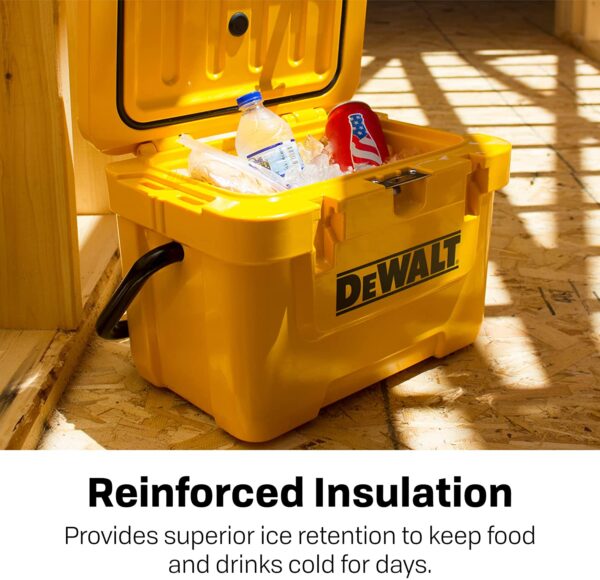 Dewalt Cooler 10 Qt Roto Molded Heavy Duty Ice Chest The DEWALT Cooler 10 Quart Lunch Box Cooler is the perfect tool for carrying your lunch to the jobsite. This cooler can keep food and beverages cold for days and is ideal for taking to backyard barbeques, campgrounds, sporting events or wherever life may take you. The T.O.U.G.H. Roto-mold design is nearly indestructible and will stand up to the roughest treatment. The strong exterior construction reduces the amount of stress typically put on a cooler during everyday use. The reinforced pressure-injected insulation provides superior ice retention and ensures Temperature Optimization Under Great Heat. Keep your drinks and food colder longer with the DEWALT 10 Quart Lunch Box Cooler.