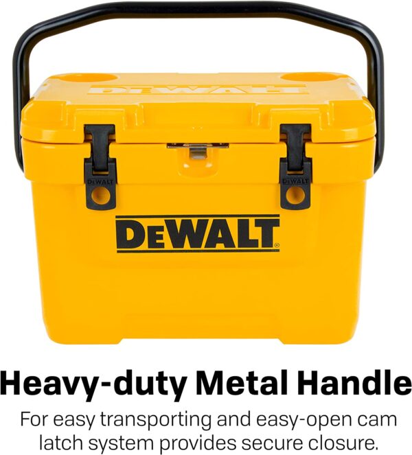 Dewalt Cooler 10 Qt Roto Molded Heavy Duty Ice Chest The DEWALT Cooler 10 Quart Lunch Box Cooler is the perfect tool for carrying your lunch to the jobsite. This cooler can keep food and beverages cold for days and is ideal for taking to backyard barbeques, campgrounds, sporting events or wherever life may take you. The T.O.U.G.H. Roto-mold design is nearly indestructible and will stand up to the roughest treatment. The strong exterior construction reduces the amount of stress typically put on a cooler during everyday use. The reinforced pressure-injected insulation provides superior ice retention and ensures Temperature Optimization Under Great Heat. Keep your drinks and food colder longer with the DEWALT 10 Quart Lunch Box Cooler.