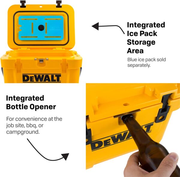 Dewalt Cooler 10 Qt Roto Molded Heavy Duty Ice Chest The DEWALT Cooler 10 Quart Lunch Box Cooler is the perfect tool for carrying your lunch to the jobsite. This cooler can keep food and beverages cold for days and is ideal for taking to backyard barbeques, campgrounds, sporting events or wherever life may take you. The T.O.U.G.H. Roto-mold design is nearly indestructible and will stand up to the roughest treatment. The strong exterior construction reduces the amount of stress typically put on a cooler during everyday use. The reinforced pressure-injected insulation provides superior ice retention and ensures Temperature Optimization Under Great Heat. Keep your drinks and food colder longer with the DEWALT 10 Quart Lunch Box Cooler.