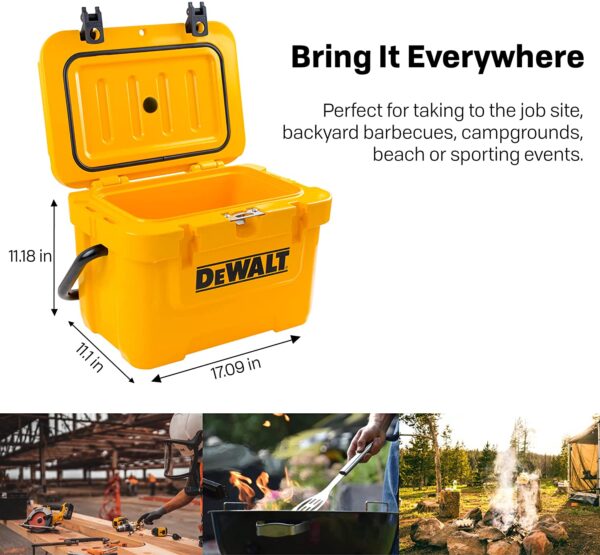 Dewalt Cooler 10 Qt Roto Molded Heavy Duty Ice Chest The DEWALT Cooler 10 Quart Lunch Box Cooler is the perfect tool for carrying your lunch to the jobsite. This cooler can keep food and beverages cold for days and is ideal for taking to backyard barbeques, campgrounds, sporting events or wherever life may take you. The T.O.U.G.H. Roto-mold design is nearly indestructible and will stand up to the roughest treatment. The strong exterior construction reduces the amount of stress typically put on a cooler during everyday use. The reinforced pressure-injected insulation provides superior ice retention and ensures Temperature Optimization Under Great Heat. Keep your drinks and food colder longer with the DEWALT 10 Quart Lunch Box Cooler.