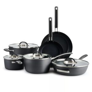 Hard Anodized Cookware 10-pc. Hard-Anodized Nonstick Cookware Set Food Network™ Hard Anodized Cookware,With a neat, easy-to-store stacking design, this 10-piece cookware set is a must-have in every busy kitchen. PRODUCT FEATURES Nonstick cookware makes cooking and cleanup a breeze. Cookware stacks neatly for organized storage WHAT'S INCLUDED 1.5-qt. saucepan with lid 3-qt. saucepan with lid 6-qt. stockpot with lid 3-qt. saute pan with lid 8-in. skillet 10-in. skillet PRODUCT CONSTRUCTION & CARE Aluminum Dishwasher safe, hand wash recommended Oven safe to 350°F Safe for use with nylon, silicone and wood utensils. Not safe for use with metal utensils.