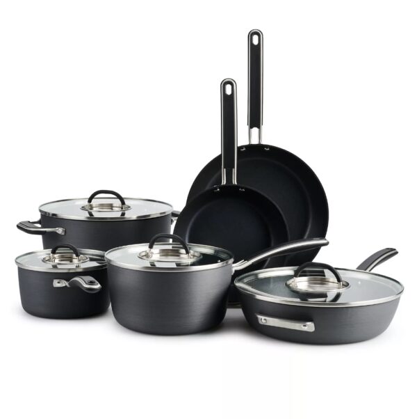 Hard Anodized Cookware 10-pc. Hard-Anodized Nonstick Cookware Set Food Network™ Hard Anodized Cookware,With a neat, easy-to-store stacking design, this 10-piece cookware set is a must-have in every busy kitchen. PRODUCT FEATURES Nonstick cookware makes cooking and cleanup a breeze. Cookware stacks neatly for organized storage WHAT'S INCLUDED 1.5-qt. saucepan with lid 3-qt. saucepan with lid 6-qt. stockpot with lid 3-qt. saute pan with lid 8-in. skillet 10-in. skillet PRODUCT CONSTRUCTION & CARE Aluminum Dishwasher safe, hand wash recommended Oven safe to 350°F Safe for use with nylon, silicone and wood utensils. Not safe for use with metal utensils.
