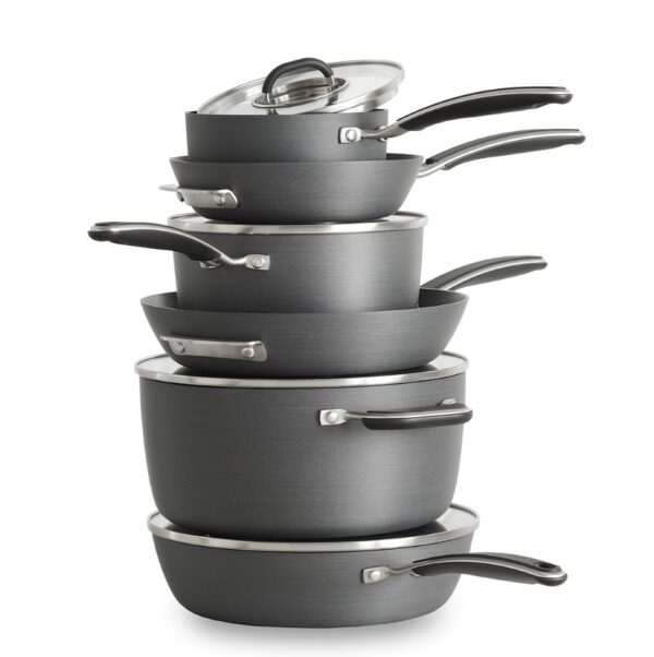 Hard Anodized Cookware 10-pc. Hard-Anodized Nonstick Cookware Set Food Network™ Hard Anodized Cookware,With a neat, easy-to-store stacking design, this 10-piece cookware set is a must-have in every busy kitchen. PRODUCT FEATURES Nonstick cookware makes cooking and cleanup a breeze. Cookware stacks neatly for organized storage WHAT'S INCLUDED 1.5-qt. saucepan with lid 3-qt. saucepan with lid 6-qt. stockpot with lid 3-qt. saute pan with lid 8-in. skillet 10-in. skillet PRODUCT CONSTRUCTION & CARE Aluminum Dishwasher safe, hand wash recommended Oven safe to 350°F Safe for use with nylon, silicone and wood utensils. Not safe for use with metal utensils.