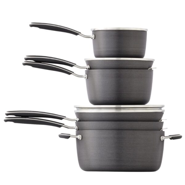 Hard Anodized Cookware 10-pc. Hard-Anodized Nonstick Cookware Set Food Network™ Hard Anodized Cookware,With a neat, easy-to-store stacking design, this 10-piece cookware set is a must-have in every busy kitchen. PRODUCT FEATURES Nonstick cookware makes cooking and cleanup a breeze. Cookware stacks neatly for organized storage WHAT'S INCLUDED 1.5-qt. saucepan with lid 3-qt. saucepan with lid 6-qt. stockpot with lid 3-qt. saute pan with lid 8-in. skillet 10-in. skillet PRODUCT CONSTRUCTION & CARE Aluminum Dishwasher safe, hand wash recommended Oven safe to 350°F Safe for use with nylon, silicone and wood utensils. Not safe for use with metal utensils.