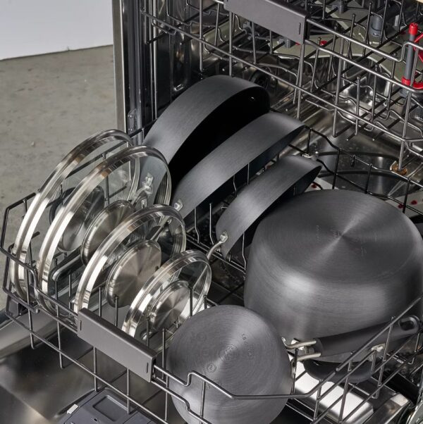 Hard Anodized Cookware 10-pc. Hard-Anodized Nonstick Cookware Set Food Network™ Hard Anodized Cookware,With a neat, easy-to-store stacking design, this 10-piece cookware set is a must-have in every busy kitchen. PRODUCT FEATURES Nonstick cookware makes cooking and cleanup a breeze. Cookware stacks neatly for organized storage WHAT'S INCLUDED 1.5-qt. saucepan with lid 3-qt. saucepan with lid 6-qt. stockpot with lid 3-qt. saute pan with lid 8-in. skillet 10-in. skillet PRODUCT CONSTRUCTION & CARE Aluminum Dishwasher safe, hand wash recommended Oven safe to 350°F Safe for use with nylon, silicone and wood utensils. Not safe for use with metal utensils.