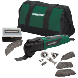 Masterforce® 3.5-Amp Corded Oscillating Multi-Tool Kit - 54 Piece This Masterforce® oscillating tool offers power and performance for all jobs at home or on the jobsite. The tool features a tool-free accessory change system and an LED light. The variable speed offers the user great control with various materials while the soft grip handle and slim design offer the user extra comfort. Kit includes 1 sanding pad, 48 sanding sheets, 1 scraper blade, 4 saw blades, 1 accessory storage box, and 1 carrying case Motor operates at 11,000-20,000 OPM 3.2° oscillation angle Tool-free accessory changes 12' cord Slide on/off switch LED light is positioned to illuminate the work area