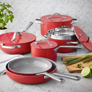 Ceramic Cookware Set Red 11-Piece Red Member's Mark Superior Nonstick Cookware Unlike traditional nonstick cookware, this set of pots and pans features ceramic nonstick interiors made without harmful chemicals like PTFE, PFOS or PFOA. Now you can enjoy superior nonstick performance with high release and easy cleaning after every meal. The impact-bonded honeycomb base makes this set safe for all stovetops, including induction. Plus, these pans are oven safe up to 450°F—talk about versatile! Nonstick Cooking with Less Oil and Butter The nonstick interiors of this cookware require little oil or butter while you're cooking for healthier meals that don't stick to the pans. The heavy-gauge aluminum construction delivers even heat distribution and long-lasting durability for years of cooking. Even Heating and Enhanced Flavor The specially designed cast aluminum lids have a curved shape for self-moistening circulation during cooking that protects food from drying out. The unique design gently cooks your dishes and enhances the flavors of the food during cooking. Care and Storage Dishwasher safe, though handwashing is recommended to extend the life of your cookware Pots, pans and lids are oven-safe to 450°F (232°C) Suitable for use on all cooktops, including induction To extend the life of your cookware, cook only on low to medium heat; never on extremely high heat as it can ruin the nonstick interiors
