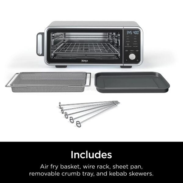 Ninja Foodi 10-in-1 Digital Air Fry Oven Pro FT201A The Ninja® Foodi® Digital Pro Air Fry Oven crisps and flips up and away. Unlock up to 450°F with six infrared heating elements, variable airflow and 10 precision-controlled functions. Air Fry, Convection Bake, Broil, Dehydrate and more! RECLAIM YOUR COUNTER SPACE: Takes up 45% less space when you flip it up and away to store against your kitchen backsplash DIGITAL CRISP CONTROL PRO TECHNOLOGY: Precision-controlled temperature, heat source, and air flow for ultimate versatility and optimum cooking performance TOAST AND BAGELS DONE THE WAY YOU LIKE: Use the toast darkness selector to get it just right INCLUDES: 5 kebab skewers, air fry basket, sheet pan, wire rack, and removable crumb tray INCREASED CAPACITY: Increased height capacity vs. the original Ninja Foodi Digital Air Fry Oven. Fit a 2-lb roast MAXIMUM VERSATILITY: 10 functions include Air Fry, Air Roast, Bake, Convection Bake, Broil, Toast, Bagel, Dehydrate, Reheat, and Keep Warm in an all-in-one, powerful, 1800-watt appliance GUILT-FREE FRIED FOOD: Up to 75% less fat when using the Air Fry function vs. traditional deep frying. Tested against hand-cut, deep fried french fries FASTER COOKING: Up to 60% faster cooking vs. a full-size electric oven, with Air Oven functions ready for cooking in 60 seconds XL FAMILY-SIZED CAPACITY: Air Fry and Roast up to 4 lbs of ingredients. Bake a 13" pizza and Toast up to 9 slices of bread