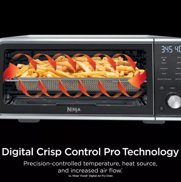 Ninja Foodi 10-in-1 Digital Air Fry Oven Pro FT201A The Ninja® Foodi® Digital Pro Air Fry Oven crisps and flips up and away. Unlock up to 450°F with six infrared heating elements, variable airflow and 10 precision-controlled functions. Air Fry, Convection Bake, Broil, Dehydrate and more! RECLAIM YOUR COUNTER SPACE: Takes up 45% less space when you flip it up and away to store against your kitchen backsplash DIGITAL CRISP CONTROL PRO TECHNOLOGY: Precision-controlled temperature, heat source, and air flow for ultimate versatility and optimum cooking performance TOAST AND BAGELS DONE THE WAY YOU LIKE: Use the toast darkness selector to get it just right INCLUDES: 5 kebab skewers, air fry basket, sheet pan, wire rack, and removable crumb tray INCREASED CAPACITY: Increased height capacity vs. the original Ninja Foodi Digital Air Fry Oven. Fit a 2-lb roast MAXIMUM VERSATILITY: 10 functions include Air Fry, Air Roast, Bake, Convection Bake, Broil, Toast, Bagel, Dehydrate, Reheat, and Keep Warm in an all-in-one, powerful, 1800-watt appliance GUILT-FREE FRIED FOOD: Up to 75% less fat when using the Air Fry function vs. traditional deep frying. Tested against hand-cut, deep fried french fries FASTER COOKING: Up to 60% faster cooking vs. a full-size electric oven, with Air Oven functions ready for cooking in 60 seconds XL FAMILY-SIZED CAPACITY: Air Fry and Roast up to 4 lbs of ingredients. Bake a 13" pizza and Toast up to 9 slices of bread