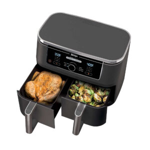 Ninja Foodi Air Fryer with DualZone Technology 6-in-1 10-qt. The Ninja® Foodi® 6-in-1 10-qt. XL 2-Basket Air Fryer with DualZone™ Technology and IQ Boost. This XL 10-qt. air fryer has 2 independent baskets that lets you cook 2 foods at once, no back-to-back cooking like a traditional single-basket air fryer. Ninja Foodi Air Fryer Product Features: The XL air fryer with 2 independent baskets that lets you cook 2 foods, 2 ways, at the same time, not back-to-back like a traditional single-basket air fryer. DualZone™ Technology includes the Smart Finish feature for cooking 2 foods 2 ways that finish at the same time, and the Match Cook feature, which easily copies settings across zones for full 10-qt. capacity. IQ Boost optimally distributes power across each basket to cook a 6-lb. whole chicken and side as quickly as possible when Match Cook or Smart Finish is not selected. 6 versatile cooking programs: Air Fry, Keep Warm, Roast, Bake, Reheat, and Dehydrate. XL 10-qt. capacity and 2 baskets, you can whip up a main and a side at the same time for quick large family meals, or up to 8 lbs. of chicken wings. 2 independent 5-qt. zones have their own cooking baskets, cyclonic fans, and rapid heaters. Easy-to-clean baskets and dishwasher-safe crisper plates. Wide temperature range: 105°F–400°F. Up to 75% less fat than traditional air frying methods. *Tested against hand-cut, deep fried French fries Cooks two 6-lb. chickens up to 30% faster than a traditional oven. Accessories Included: 1690-watt main unit with 6 programmable cooking functions Two 5-qt cooking baskets for 10-qt capacity 2 nonstick crisper plates 15 chef-inspired recipes & cooking charts Dimensions & More: Type of material: Plastic LxWxH: 17” Lx 13.9” x 13” Weight: 19.75 Lbs 1690-Watts, 120-Volts