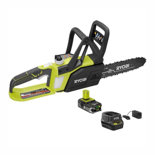 ONE+ 18V 10 in. Cordless Battery Chainsaw with 1.5 Ah Battery and Charger RYOBI The RYOBI One+ Cordless Chain Saw is ideal for pruning and trimming trees and bushes around the home. Now with Lithium plus technology and an improved motor, this saw is capable of cutting 2x faster than its predecessor. And since it is part of the ONE+ family, all of your ONE+ batteries will work with this saw. Backed by a 3 year warranty, there's never been a better time to upgrade or start your ONE+ tool collection. Lithium plus battery technology for improved performance 10 in. bar and chain Push-button oiler for easy chain lubrication and longer chain life Side access chain tensioning for easy adjustments On-board tool storage Ideal for pruning and light limbing 3-year limited warranty