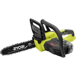ONE+ 18V 10 in. Cordless Battery Chainsaw with 1.5 Ah Battery and Charger RYOBI The RYOBI One+ Cordless Chain Saw is ideal for pruning and trimming trees and bushes around the home. Now with Lithium plus technology and an improved motor, this saw is capable of cutting 2x faster than its predecessor. And since it is part of the ONE+ family, all of your ONE+ batteries will work with this saw. Backed by a 3 year warranty, there's never been a better time to upgrade or start your ONE+ tool collection. Lithium plus battery technology for improved performance 10 in. bar and chain Push-button oiler for easy chain lubrication and longer chain life Side access chain tensioning for easy adjustments On-board tool storage Ideal for pruning and light limbing 3-year limited warranty
