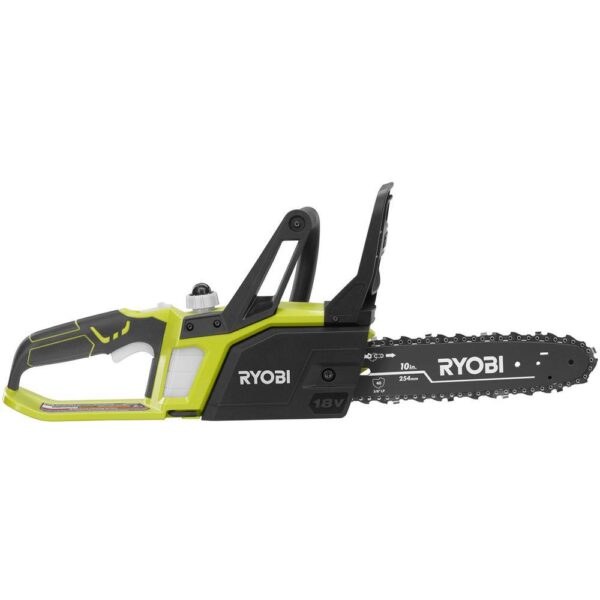 ONE+ 18V 10 in. Cordless Battery Chainsaw with 1.5 Ah Battery and Charger RYOBI The RYOBI One+ Cordless Chain Saw is ideal for pruning and trimming trees and bushes around the home. Now with Lithium plus technology and an improved motor, this saw is capable of cutting 2x faster than its predecessor. And since it is part of the ONE+ family, all of your ONE+ batteries will work with this saw. Backed by a 3 year warranty, there's never been a better time to upgrade or start your ONE+ tool collection. Lithium plus battery technology for improved performance 10 in. bar and chain Push-button oiler for easy chain lubrication and longer chain life Side access chain tensioning for easy adjustments On-board tool storage Ideal for pruning and light limbing 3-year limited warranty