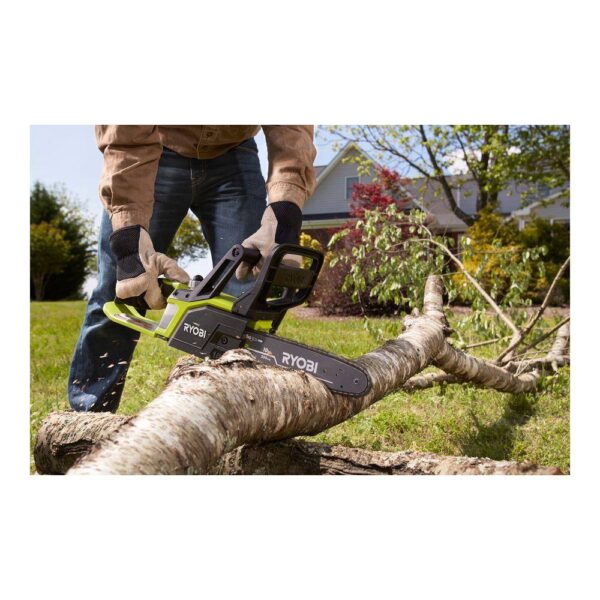 ONE+ 18V 10 in. Cordless Battery Chainsaw with 1.5 Ah Battery and Charger RYOBI The RYOBI One+ Cordless Chain Saw is ideal for pruning and trimming trees and bushes around the home. Now with Lithium plus technology and an improved motor, this saw is capable of cutting 2x faster than its predecessor. And since it is part of the ONE+ family, all of your ONE+ batteries will work with this saw. Backed by a 3 year warranty, there's never been a better time to upgrade or start your ONE+ tool collection. Lithium plus battery technology for improved performance 10 in. bar and chain Push-button oiler for easy chain lubrication and longer chain life Side access chain tensioning for easy adjustments On-board tool storage Ideal for pruning and light limbing 3-year limited warranty