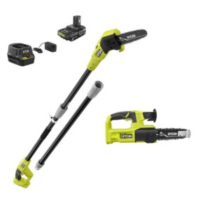 ONE+ 18V 8 in. Cordless Battery Pole Saw and 8 in. Pruning Saw Combo Kit with 2.0 Ah Battery and Charger RYOBI This oil-free combo kit including the RYOBI 18V ONE+ 8" Cordless Pole Saw and RYOBI 18V ONE+ 8" Cordless Pruning Chainsaw can help you tackle your outdoor cutting jobs without the hassle of oil. Both tools are equipped with an 8" bar and chain ideal for pruning and limbing around your yard. The pole saw extends up to 9.5', has an angled cutting head, an in-line motor, and a full complement chain giving you faster and more precise cuts for those harder to reach areas. The pruning chainsaw is compact and lightweight which reduces fatigue and has a full complement chain for faster cutting. For easy adjustments, both tools have side access chain tensioning along with on-board tool storage. This combo kit is equipped with an 18V 2.0Ah lithium-ion battery and 18V charger. The RYOBI 18V ONE+ 8" Cordless Pole Saw, the RYOBI 18V ONE+ 8" Cordless Pruning Chainsaw, the 2.0Ah battery, and the charger are compatible with all RYOBI 18V ONE+ products. These tools and battery are backed by a 3-year warranty. Oil-free design for hassle free cutting Ideal for pruning & limbing Pole Saw: Extends up to 9.5' for longer reach Pole Saw: Angled cutting head for better cut control Pole Saw: In-line motor for precise cuts Pole Saw: Full complement chain for faster cutting Pruning Chainsaw: Compact & lightweight design Pruning Chainsaw: Install SAFE-T-TIP prior to use for safe operation Side access chain tensioning for easy adjustments On-board tool storage Includes a RYOBI 18V 2.0Ah lithium-ion battery Includes RYOBI 18V charger Compatible with all RYOBI 18V ONE+ products 3-year tool and battery warranty