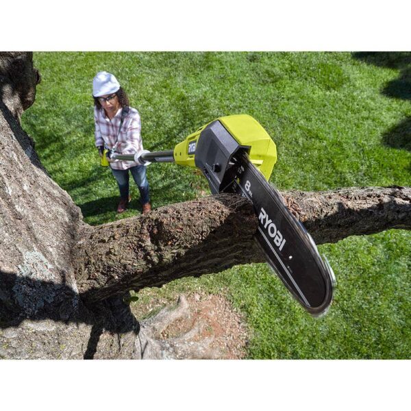 ONE+ 18V 8 in. Cordless Battery Pole Saw and 8 in. Pruning Saw Combo Kit with 2.0 Ah Battery and Charger RYOBI This oil-free combo kit including the RYOBI 18V ONE+ 8" Cordless Pole Saw and RYOBI 18V ONE+ 8" Cordless Pruning Chainsaw can help you tackle your outdoor cutting jobs without the hassle of oil. Both tools are equipped with an 8" bar and chain ideal for pruning and limbing around your yard. The pole saw extends up to 9.5', has an angled cutting head, an in-line motor, and a full complement chain giving you faster and more precise cuts for those harder to reach areas. The pruning chainsaw is compact and lightweight which reduces fatigue and has a full complement chain for faster cutting. For easy adjustments, both tools have side access chain tensioning along with on-board tool storage. This combo kit is equipped with an 18V 2.0Ah lithium-ion battery and 18V charger. The RYOBI 18V ONE+ 8" Cordless Pole Saw, the RYOBI 18V ONE+ 8" Cordless Pruning Chainsaw, the 2.0Ah battery, and the charger are compatible with all RYOBI 18V ONE+ products. These tools and battery are backed by a 3-year warranty. Oil-free design for hassle free cutting Ideal for pruning & limbing Pole Saw: Extends up to 9.5' for longer reach Pole Saw: Angled cutting head for better cut control Pole Saw: In-line motor for precise cuts Pole Saw: Full complement chain for faster cutting Pruning Chainsaw: Compact & lightweight design Pruning Chainsaw: Install SAFE-T-TIP prior to use for safe operation Side access chain tensioning for easy adjustments On-board tool storage Includes a RYOBI 18V 2.0Ah lithium-ion battery Includes RYOBI 18V charger Compatible with all RYOBI 18V ONE+ products 3-year tool and battery warranty