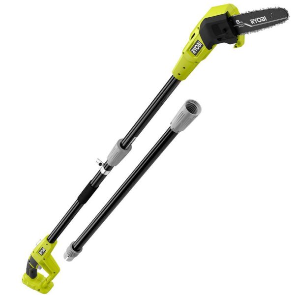 ONE+ 18V 8 in. Cordless Battery Pole Saw and 8 in. Pruning Saw Combo Kit with 2.0 Ah Battery and Charger RYOBI This oil-free combo kit including the RYOBI 18V ONE+ 8" Cordless Pole Saw and RYOBI 18V ONE+ 8" Cordless Pruning Chainsaw can help you tackle your outdoor cutting jobs without the hassle of oil. Both tools are equipped with an 8" bar and chain ideal for pruning and limbing around your yard. The pole saw extends up to 9.5', has an angled cutting head, an in-line motor, and a full complement chain giving you faster and more precise cuts for those harder to reach areas. The pruning chainsaw is compact and lightweight which reduces fatigue and has a full complement chain for faster cutting. For easy adjustments, both tools have side access chain tensioning along with on-board tool storage. This combo kit is equipped with an 18V 2.0Ah lithium-ion battery and 18V charger. The RYOBI 18V ONE+ 8" Cordless Pole Saw, the RYOBI 18V ONE+ 8" Cordless Pruning Chainsaw, the 2.0Ah battery, and the charger are compatible with all RYOBI 18V ONE+ products. These tools and battery are backed by a 3-year warranty. Oil-free design for hassle free cutting Ideal for pruning & limbing Pole Saw: Extends up to 9.5' for longer reach Pole Saw: Angled cutting head for better cut control Pole Saw: In-line motor for precise cuts Pole Saw: Full complement chain for faster cutting Pruning Chainsaw: Compact & lightweight design Pruning Chainsaw: Install SAFE-T-TIP prior to use for safe operation Side access chain tensioning for easy adjustments On-board tool storage Includes a RYOBI 18V 2.0Ah lithium-ion battery Includes RYOBI 18V charger Compatible with all RYOBI 18V ONE+ products 3-year tool and battery warranty