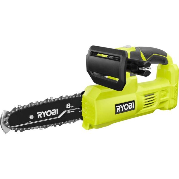 ONE+ 18V 8 in. Cordless Battery Pole Saw and 8 in. Pruning Saw Combo Kit with 2.0 Ah Battery and Charger RYOBI This oil-free combo kit including the RYOBI 18V ONE+ 8" Cordless Pole Saw and RYOBI 18V ONE+ 8" Cordless Pruning Chainsaw can help you tackle your outdoor cutting jobs without the hassle of oil. Both tools are equipped with an 8" bar and chain ideal for pruning and limbing around your yard. The pole saw extends up to 9.5', has an angled cutting head, an in-line motor, and a full complement chain giving you faster and more precise cuts for those harder to reach areas. The pruning chainsaw is compact and lightweight which reduces fatigue and has a full complement chain for faster cutting. For easy adjustments, both tools have side access chain tensioning along with on-board tool storage. This combo kit is equipped with an 18V 2.0Ah lithium-ion battery and 18V charger. The RYOBI 18V ONE+ 8" Cordless Pole Saw, the RYOBI 18V ONE+ 8" Cordless Pruning Chainsaw, the 2.0Ah battery, and the charger are compatible with all RYOBI 18V ONE+ products. These tools and battery are backed by a 3-year warranty. Oil-free design for hassle free cutting Ideal for pruning & limbing Pole Saw: Extends up to 9.5' for longer reach Pole Saw: Angled cutting head for better cut control Pole Saw: In-line motor for precise cuts Pole Saw: Full complement chain for faster cutting Pruning Chainsaw: Compact & lightweight design Pruning Chainsaw: Install SAFE-T-TIP prior to use for safe operation Side access chain tensioning for easy adjustments On-board tool storage Includes a RYOBI 18V 2.0Ah lithium-ion battery Includes RYOBI 18V charger Compatible with all RYOBI 18V ONE+ products 3-year tool and battery warranty