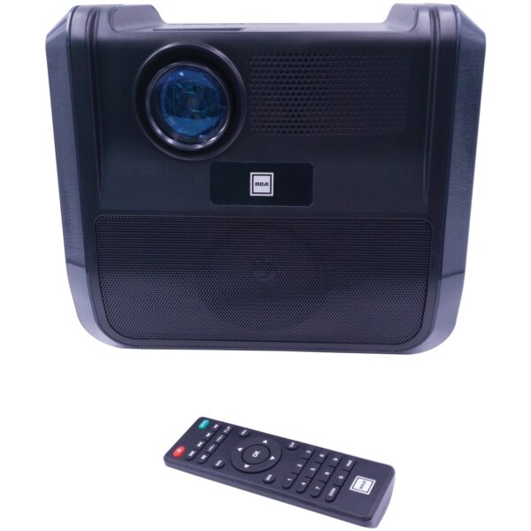 Portable 480p Projector Entertainment System (Graphite) RCA Watch movies on the go! This Graphite RCA Portable 480p Projector Entertainment System delivers true‐to‐life color projections on virtually any flat surface. It is ideal for use on a projector screen, wall, side of a house, or ceiling. 2 built-in stereo speakers deliver powerful audio, and the Bluetooth receiver allows you to connect to other devices. You can project up to a 150 in. picture size (30 in. to 150 in. minimum/maximum picture size and 37 in. to 100 in. optimal picture size). This projector supports 1080p (via HDMI input), 1080i, 720p, 576i, 480p, and 480i and has a native resolution of 800 x 480. Inputs include HDMI, A/V, and USB, and supported video formats include MPEG1, MPEG2, MPEG4, AVi, MOV, MJPEG, and MKV. The built‐in lithium battery (8,800 mAh) allows you to enjoy hours of entertainment. This portable projector is ideal for dark viewing environments, for optimal viewing performance. Accessories include a remote control and AC power adapter. 42 lumens of white brightness deliver precise image details with vivid colors, brilliant whites, and great contrast levels 1080p maximum resolution and 480p standard resolution (800 x 480 native) supporting 16:9, 4:3 aspect ratios offer immersive picture quality with lifelike imagery LCD display technology showcases content on any flat surface featuring a potential screen size up to 150 in. Approximate lamp life of 30,000 hours ensures durability for years of entertainment 2 HDMI ports allow user to connect Blu-ray player, gaming console, and other content streaming devices easily Composite AV input and VGA port allow user to connect compatible display sources such as TVs, computer monitors, and more Throw ratio of 4.5 ft. allows user to setup projector even in compact rooms and enjoy big screen entertainment Integrated 20 watt speakers reproduce rich, powerful audio for movies, games, TV shows, and more Quiet operating fan runs silently to provide you distraction-free entertainment Includes remote control and AC power adapter