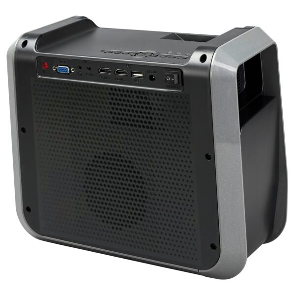 Portable 480p Projector Entertainment System (Graphite) RCA Watch movies on the go! This Graphite RCA Portable 480p Projector Entertainment System delivers true‐to‐life color projections on virtually any flat surface. It is ideal for use on a projector screen, wall, side of a house, or ceiling. 2 built-in stereo speakers deliver powerful audio, and the Bluetooth receiver allows you to connect to other devices. You can project up to a 150 in. picture size (30 in. to 150 in. minimum/maximum picture size and 37 in. to 100 in. optimal picture size). This projector supports 1080p (via HDMI input), 1080i, 720p, 576i, 480p, and 480i and has a native resolution of 800 x 480. Inputs include HDMI, A/V, and USB, and supported video formats include MPEG1, MPEG2, MPEG4, AVi, MOV, MJPEG, and MKV. The built‐in lithium battery (8,800 mAh) allows you to enjoy hours of entertainment. This portable projector is ideal for dark viewing environments, for optimal viewing performance. Accessories include a remote control and AC power adapter. 42 lumens of white brightness deliver precise image details with vivid colors, brilliant whites, and great contrast levels 1080p maximum resolution and 480p standard resolution (800 x 480 native) supporting 16:9, 4:3 aspect ratios offer immersive picture quality with lifelike imagery LCD display technology showcases content on any flat surface featuring a potential screen size up to 150 in. Approximate lamp life of 30,000 hours ensures durability for years of entertainment 2 HDMI ports allow user to connect Blu-ray player, gaming console, and other content streaming devices easily Composite AV input and VGA port allow user to connect compatible display sources such as TVs, computer monitors, and more Throw ratio of 4.5 ft. allows user to setup projector even in compact rooms and enjoy big screen entertainment Integrated 20 watt speakers reproduce rich, powerful audio for movies, games, TV shows, and more Quiet operating fan runs silently to provide you distraction-free entertainment Includes remote control and AC power adapter