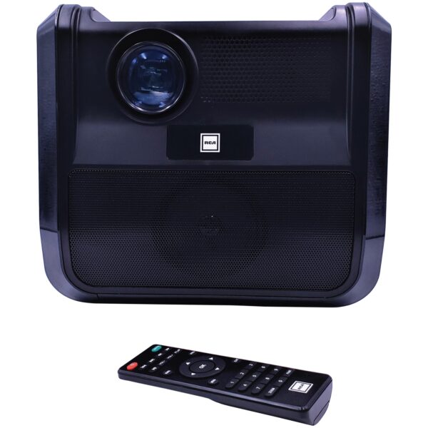 Portable 480p Projector Entertainment System (Graphite) RCA Watch movies on the go! This Graphite RCA Portable 480p Projector Entertainment System delivers true‐to‐life color projections on virtually any flat surface. It is ideal for use on a projector screen, wall, side of a house, or ceiling. 2 built-in stereo speakers deliver powerful audio, and the Bluetooth receiver allows you to connect to other devices. You can project up to a 150 in. picture size (30 in. to 150 in. minimum/maximum picture size and 37 in. to 100 in. optimal picture size). This projector supports 1080p (via HDMI input), 1080i, 720p, 576i, 480p, and 480i and has a native resolution of 800 x 480. Inputs include HDMI, A/V, and USB, and supported video formats include MPEG1, MPEG2, MPEG4, AVi, MOV, MJPEG, and MKV. The built‐in lithium battery (8,800 mAh) allows you to enjoy hours of entertainment. This portable projector is ideal for dark viewing environments, for optimal viewing performance. Accessories include a remote control and AC power adapter. 42 lumens of white brightness deliver precise image details with vivid colors, brilliant whites, and great contrast levels 1080p maximum resolution and 480p standard resolution (800 x 480 native) supporting 16:9, 4:3 aspect ratios offer immersive picture quality with lifelike imagery LCD display technology showcases content on any flat surface featuring a potential screen size up to 150 in. Approximate lamp life of 30,000 hours ensures durability for years of entertainment 2 HDMI ports allow user to connect Blu-ray player, gaming console, and other content streaming devices easily Composite AV input and VGA port allow user to connect compatible display sources such as TVs, computer monitors, and more Throw ratio of 4.5 ft. allows user to setup projector even in compact rooms and enjoy big screen entertainment Integrated 20 watt speakers reproduce rich, powerful audio for movies, games, TV shows, and more Quiet operating fan runs silently to provide you distraction-free entertainment Includes remote control and AC power adapter