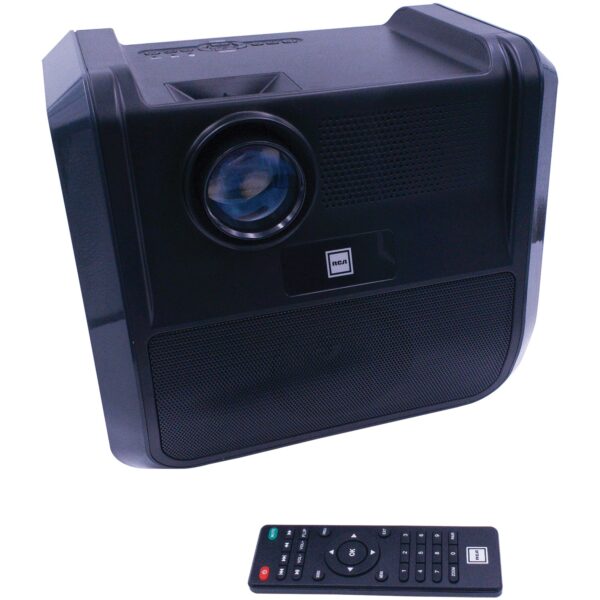 Portable 480p Projector Entertainment System (Graphite) RCA Watch movies on the go! This Graphite RCA Portable 480p Projector Entertainment System delivers true‐to‐life color projections on virtually any flat surface. It is ideal for use on a projector screen, wall, side of a house, or ceiling. 2 built-in stereo speakers deliver powerful audio, and the Bluetooth receiver allows you to connect to other devices. You can project up to a 150 in. picture size (30 in. to 150 in. minimum/maximum picture size and 37 in. to 100 in. optimal picture size). This projector supports 1080p (via HDMI input), 1080i, 720p, 576i, 480p, and 480i and has a native resolution of 800 x 480. Inputs include HDMI, A/V, and USB, and supported video formats include MPEG1, MPEG2, MPEG4, AVi, MOV, MJPEG, and MKV. The built‐in lithium battery (8,800 mAh) allows you to enjoy hours of entertainment. This portable projector is ideal for dark viewing environments, for optimal viewing performance. Accessories include a remote control and AC power adapter. 42 lumens of white brightness deliver precise image details with vivid colors, brilliant whites, and great contrast levels 1080p maximum resolution and 480p standard resolution (800 x 480 native) supporting 16:9, 4:3 aspect ratios offer immersive picture quality with lifelike imagery LCD display technology showcases content on any flat surface featuring a potential screen size up to 150 in. Approximate lamp life of 30,000 hours ensures durability for years of entertainment 2 HDMI ports allow user to connect Blu-ray player, gaming console, and other content streaming devices easily Composite AV input and VGA port allow user to connect compatible display sources such as TVs, computer monitors, and more Throw ratio of 4.5 ft. allows user to setup projector even in compact rooms and enjoy big screen entertainment Integrated 20 watt speakers reproduce rich, powerful audio for movies, games, TV shows, and more Quiet operating fan runs silently to provide you distraction-free entertainment Includes remote control and AC power adapter