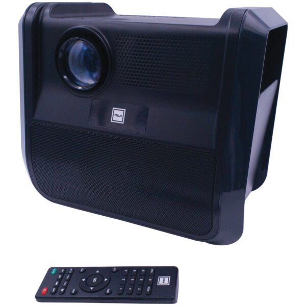 Portable 480p Projector Entertainment System (Graphite) RCA Watch movies on the go! This Graphite RCA Portable 480p Projector Entertainment System delivers true‐to‐life color projections on virtually any flat surface. It is ideal for use on a projector screen, wall, side of a house, or ceiling. 2 built-in stereo speakers deliver powerful audio, and the Bluetooth receiver allows you to connect to other devices. You can project up to a 150 in. picture size (30 in. to 150 in. minimum/maximum picture size and 37 in. to 100 in. optimal picture size). This projector supports 1080p (via HDMI input), 1080i, 720p, 576i, 480p, and 480i and has a native resolution of 800 x 480. Inputs include HDMI, A/V, and USB, and supported video formats include MPEG1, MPEG2, MPEG4, AVi, MOV, MJPEG, and MKV. The built‐in lithium battery (8,800 mAh) allows you to enjoy hours of entertainment. This portable projector is ideal for dark viewing environments, for optimal viewing performance. Accessories include a remote control and AC power adapter. 42 lumens of white brightness deliver precise image details with vivid colors, brilliant whites, and great contrast levels 1080p maximum resolution and 480p standard resolution (800 x 480 native) supporting 16:9, 4:3 aspect ratios offer immersive picture quality with lifelike imagery LCD display technology showcases content on any flat surface featuring a potential screen size up to 150 in. Approximate lamp life of 30,000 hours ensures durability for years of entertainment 2 HDMI ports allow user to connect Blu-ray player, gaming console, and other content streaming devices easily Composite AV input and VGA port allow user to connect compatible display sources such as TVs, computer monitors, and more Throw ratio of 4.5 ft. allows user to setup projector even in compact rooms and enjoy big screen entertainment Integrated 20 watt speakers reproduce rich, powerful audio for movies, games, TV shows, and more Quiet operating fan runs silently to provide you distraction-free entertainment Includes remote control and AC power adapter