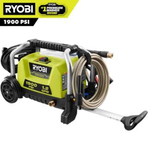 Ryobi 1900 PSI 1.2 GPM Cold Water Wheeled Electric Pressure Washer The RYOBI 1900 psi Electric Pressure Washer is the perfect combination of portable, lightweight and durable. The frame features wheels and a telescoping handle allowing for easy transport, making this a great choice for use around your patio and decks as well as boats, campers and other recreational vehicles. A powerful turbo nozzle, 15 nozzle and soap nozzle are all conveniently stored on the unit for easy access. An on-board detergent tank offers easy soap application and the 25 non-marring hose allows you to easily access even more area. The pressure washer is able to sit vertically for compact storage when the job is done. The RYOBI 1900 psi Electric Pressure Washer is backed by a 3-year warranty. Performance tested and rated in accordance with PWMA standard PW101 1900 psi and 1.2 GPM for efficient cleaning of residential areas 13 Amp electric motor effectively cleans a wide range of exterior surfaces Durable frame with wheels and telescoping handle Turbo nozzle for up to 50% more cleaning power On-board detergent tank and accessory storage Spray wand with quick-connect coupler and 25 non-marring hose Compact, vertical storage 3-year limited warranty