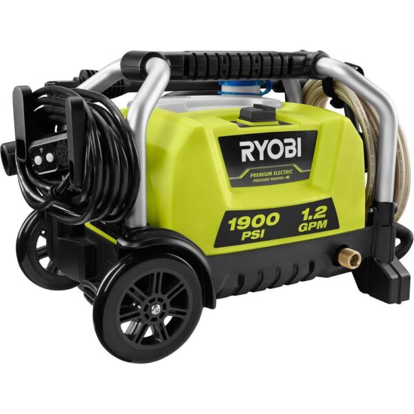 Ryobi 1900 PSI 1.2 GPM Cold Water Wheeled Electric Pressure Washer The RYOBI 1900 psi Electric Pressure Washer is the perfect combination of portable, lightweight and durable. The frame features wheels and a telescoping handle allowing for easy transport, making this a great choice for use around your patio and decks as well as boats, campers and other recreational vehicles. A powerful turbo nozzle, 15 nozzle and soap nozzle are all conveniently stored on the unit for easy access. An on-board detergent tank offers easy soap application and the 25 non-marring hose allows you to easily access even more area. The pressure washer is able to sit vertically for compact storage when the job is done. The RYOBI 1900 psi Electric Pressure Washer is backed by a 3-year warranty. Performance tested and rated in accordance with PWMA standard PW101 1900 psi and 1.2 GPM for efficient cleaning of residential areas 13 Amp electric motor effectively cleans a wide range of exterior surfaces Durable frame with wheels and telescoping handle Turbo nozzle for up to 50% more cleaning power On-board detergent tank and accessory storage Spray wand with quick-connect coupler and 25 non-marring hose Compact, vertical storage 3-year limited warranty