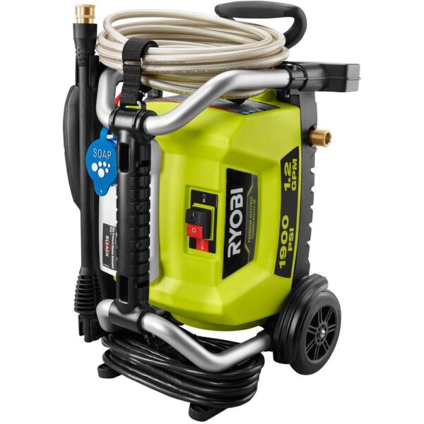 Ryobi 1900 PSI 1.2 GPM Cold Water Wheeled Electric Pressure Washer The RYOBI 1900 psi Electric Pressure Washer is the perfect combination of portable, lightweight and durable. The frame features wheels and a telescoping handle allowing for easy transport, making this a great choice for use around your patio and decks as well as boats, campers and other recreational vehicles. A powerful turbo nozzle, 15 nozzle and soap nozzle are all conveniently stored on the unit for easy access. An on-board detergent tank offers easy soap application and the 25 non-marring hose allows you to easily access even more area. The pressure washer is able to sit vertically for compact storage when the job is done. The RYOBI 1900 psi Electric Pressure Washer is backed by a 3-year warranty. Performance tested and rated in accordance with PWMA standard PW101 1900 psi and 1.2 GPM for efficient cleaning of residential areas 13 Amp electric motor effectively cleans a wide range of exterior surfaces Durable frame with wheels and telescoping handle Turbo nozzle for up to 50% more cleaning power On-board detergent tank and accessory storage Spray wand with quick-connect coupler and 25 non-marring hose Compact, vertical storage 3-year limited warranty