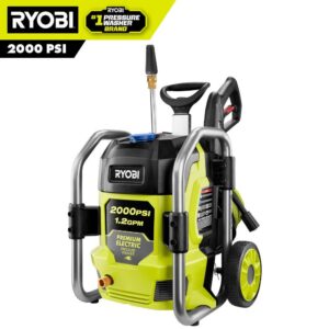 Ryobi 2000 PSI 1.2 GPM Cold Water Electric Pressure Washer The RYOBI 2000 psi 1.2 GPM Electric Pressure Washer is powerful and compact, making it perfect to use around the home. This pressure washer features a durable metal roll cage frame, wheels and a telescoping handle allowing for easy transport. The 13 Amp electric motor delivers 2000 psi of force for cleaning of driveways, decks, windows, boats, campers and other areas around the house. A powerful turbo nozzle, 15 nozzle and soap nozzle are all stored on the unit for user convenience. An on-board detergent tank offers easy soap application and the 25 ft. non-marring hose allows you to access even more area. The RYOBI 2000 psi Electric Pressure Washer is backed by a 3-year warranty. Performance tested and rated in accordance with PWMA standard PW101 2000 psi and 1.2 GPM for efficient cleaning of residential areas 13 Amp electric motor effectively cleans a wide range of surfaces Durable frame with wheels and telescoping handle Turbo nozzle for up to 50% more cleaning power On-board detergent tank and accessory storage Spray wand with 1/4" quick-connect coupler and 25 non-marring hose Compact, vertical storage 3-year limited warranty
