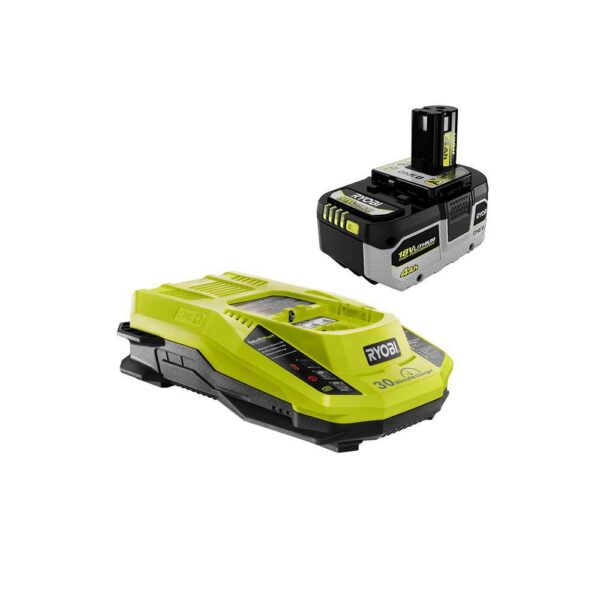 Ryobi ONE+ 18V Cordless Dual Function Inflator Deflator with HIGH PERFORMANCE 4.0 Ah Battery and Charger Kit RYOBI introduces the 18V ONE+ Dual Function Inflator/Deflator with HIGH PERFORMANCE 4.0 Ah Battery and Charger Kit. This inflator is capable of completing both high pressure and high volume applications. Powered by RYOBI 18V batteries, this unit has maximum portability for any location. The included 4.0 Ah Battery and 18V Charger are compatible with all RYOBI 18V ONE+ Tools. Best of all, it is part of the RYOBI ONE+ System of over 260 cordless tools that all work on the same battery platform. Backed by the RYOBI 3-Year Manufacturer's Warranty, the Dual Function Inflator/Deflator includes a high pressure hose, high pressure nozzle, Presta valve adaptor, sports ball needle, high volume hose, pinch valve nozzle, an 18V ONE+ HIGH PERFORMANCE 4.0 Ah Battery, an 18V Charger, and an operator's manual. Autofill shutoff for hands free inflation High volume inflation/deflation for large inflatables like air mattresses and pool toys Easy view precision digital gauge for easy, accurate, pressure readings Brass threaded tire chuck for durability and ease of use Cordless for convenient use in virtually any location Inflates a car tire from flat to full in 4 minutes (using P108 4.0 Ah LITHIUM+ Battery, not included) Inflates twin air mattresses in 30 seconds (using P108 4.0 Ah LITHIUM+ Battery, not included) Onboard storage for accessories The included battery features up to up to 4X more runtime Part of the RYOBI 18V ONE+ System of over 260 cordless tools 3-year manufacturer's warranty Includes: (1) P747 18V ONE+ Inflator, high pressure hose, high pressure nozzle, Presta valve adaptor, sports ball needle, high volume hose, pinch valve nozzle, (1) PBP004 18V ONE+ Lithium-Ion HIGH PERFORMANCE 4.0 Ah Battery, (1) PCG002 18V Charger, and an operator's