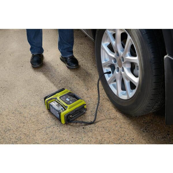 Ryobi ONE+ 18V Cordless Dual Function Inflator Deflator with HIGH PERFORMANCE 4.0 Ah Battery and Charger Kit RYOBI introduces the 18V ONE+ Dual Function Inflator/Deflator with HIGH PERFORMANCE 4.0 Ah Battery and Charger Kit. This inflator is capable of completing both high pressure and high volume applications. Powered by RYOBI 18V batteries, this unit has maximum portability for any location. The included 4.0 Ah Battery and 18V Charger are compatible with all RYOBI 18V ONE+ Tools. Best of all, it is part of the RYOBI ONE+ System of over 260 cordless tools that all work on the same battery platform. Backed by the RYOBI 3-Year Manufacturer's Warranty, the Dual Function Inflator/Deflator includes a high pressure hose, high pressure nozzle, Presta valve adaptor, sports ball needle, high volume hose, pinch valve nozzle, an 18V ONE+ HIGH PERFORMANCE 4.0 Ah Battery, an 18V Charger, and an operator's manual. Autofill shutoff for hands free inflation High volume inflation/deflation for large inflatables like air mattresses and pool toys Easy view precision digital gauge for easy, accurate, pressure readings Brass threaded tire chuck for durability and ease of use Cordless for convenient use in virtually any location Inflates a car tire from flat to full in 4 minutes (using P108 4.0 Ah LITHIUM+ Battery, not included) Inflates twin air mattresses in 30 seconds (using P108 4.0 Ah LITHIUM+ Battery, not included) Onboard storage for accessories The included battery features up to up to 4X more runtime Part of the RYOBI 18V ONE+ System of over 260 cordless tools 3-year manufacturer's warranty Includes: (1) P747 18V ONE+ Inflator, high pressure hose, high pressure nozzle, Presta valve adaptor, sports ball needle, high volume hose, pinch valve nozzle, (1) PBP004 18V ONE+ Lithium-Ion HIGH PERFORMANCE 4.0 Ah Battery, (1) PCG002 18V Charger, and an operator's