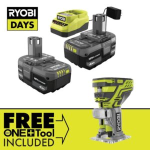 Ryobi ONE+ 18V Lithium-Ion 4.0 Ah Compact Battery (2-Pack) and Charger Kit with FREE Cordless ONE+ Compact Router RYOBI introduces the 18V ONE+ Lithium-Ion 4.0 Ah Compact Battery (2-Pack) and Charger Kit with FREE Cordless ONE+ Compact Router. This RYOBI 18V ONE+ Lithium-Ion 4.0 Ah Battery (2-Pack) and Charger Kit provides up to 3X more runtime compared to standard 18V lithium-ion batteries. These batteries are compatible with over 260 18V ONE+ tools to power through all types of projects. Built with professional grade lithium-ion cells these batteries provide fade free, cord-like power. They are engineered to perform in extreme weather temperatures and are engineered to be impact resistant. They also feature an integrated LED fuel gauge for charge monitoring. The included charger is compatible with all RYOBI 18V ONE+ Lithium-Ion Batteries. This Trim Router allows the user to create the perfect edge with the correct router bit and optional woodworking base. With 29,000 RPM, you can trim quickly and efficiently. Best of all, it’s a part of the RYOBI ONE+ System of over 260 Cordless Tools that all work on the same battery. Backed by the RYOBI 3-Year Manufacturer’s Warranty, this kit includes two 18V ONE+ 4.0 Ah Lithium-Ion Batteries, an 18V Charger, a Fixed Base Trim Router, a collet wrench, and an operator's manual. Batteries: Up to 3X more runtime Batteries: Integrated LED fuel gauge to monitor remaining runtime Batteries: Delivers fade-free power in extreme weather conditions Batteries: Robust construction to protect against impact Batteries: Lithium-ion chemical composition resists drainage when idle Batteries: Easily snaps into place and detaches with quick-release buttons Batteries: Recharge on any 18V ONE+ charger Charger: Compatible with all RYOBI 18V ONE+ Lithium-Ion Batteries Cordless Fixed Base Trim Router: Features micro-adjusting to dial into specific settings Cordless Fixed Base Trim Router: Aluminum base offers stability and accuracy Cordless Fixed Base Trim Router: Sturdy battery base for easy and stable bit changes Cordless Fixed Base Trim Router: Adjustable cut depth to match your desired application Part of the RYOBI ONE+ System of over 260 Cordless Tools 3-year manufacturer's warranty Includes: (2) PBP005 18V ONE+ Lithium-Ion 4.0 Ah Batteries, (1) PCG002 18V Lithium-Ion Charger, (1) P601 Fixed Base Trim Router, (1) collet wrench, and operator's manual