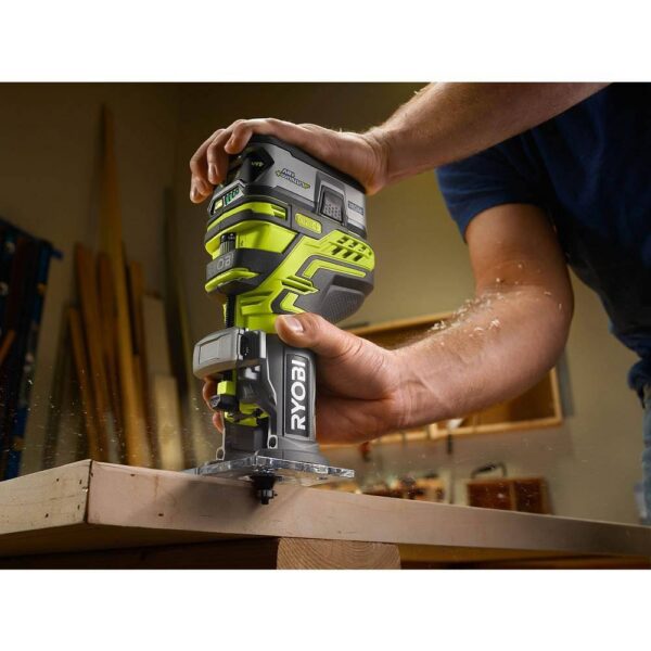 Ryobi ONE+ 18V Lithium-Ion 4.0 Ah Compact Battery (2-Pack) and Charger Kit with FREE Cordless ONE+ Compact Router RYOBI introduces the 18V ONE+ Lithium-Ion 4.0 Ah Compact Battery (2-Pack) and Charger Kit with FREE Cordless ONE+ Compact Router. This RYOBI 18V ONE+ Lithium-Ion 4.0 Ah Battery (2-Pack) and Charger Kit provides up to 3X more runtime compared to standard 18V lithium-ion batteries. These batteries are compatible with over 260 18V ONE+ tools to power through all types of projects. Built with professional grade lithium-ion cells these batteries provide fade free, cord-like power. They are engineered to perform in extreme weather temperatures and are engineered to be impact resistant. They also feature an integrated LED fuel gauge for charge monitoring. The included charger is compatible with all RYOBI 18V ONE+ Lithium-Ion Batteries. This Trim Router allows the user to create the perfect edge with the correct router bit and optional woodworking base. With 29,000 RPM, you can trim quickly and efficiently. Best of all, it’s a part of the RYOBI ONE+ System of over 260 Cordless Tools that all work on the same battery. Backed by the RYOBI 3-Year Manufacturer’s Warranty, this kit includes two 18V ONE+ 4.0 Ah Lithium-Ion Batteries, an 18V Charger, a Fixed Base Trim Router, a collet wrench, and an operator's manual. Batteries: Up to 3X more runtime Batteries: Integrated LED fuel gauge to monitor remaining runtime Batteries: Delivers fade-free power in extreme weather conditions Batteries: Robust construction to protect against impact Batteries: Lithium-ion chemical composition resists drainage when idle Batteries: Easily snaps into place and detaches with quick-release buttons Batteries: Recharge on any 18V ONE+ charger Charger: Compatible with all RYOBI 18V ONE+ Lithium-Ion Batteries Cordless Fixed Base Trim Router: Features micro-adjusting to dial into specific settings Cordless Fixed Base Trim Router: Aluminum base offers stability and accuracy Cordless Fixed Base Trim Router: Sturdy battery base for easy and stable bit changes Cordless Fixed Base Trim Router: Adjustable cut depth to match your desired application Part of the RYOBI ONE+ System of over 260 Cordless Tools 3-year manufacturer's warranty Includes: (2) PBP005 18V ONE+ Lithium-Ion 4.0 Ah Batteries, (1) PCG002 18V Lithium-Ion Charger, (1) P601 Fixed Base Trim Router, (1) collet wrench, and operator's manual