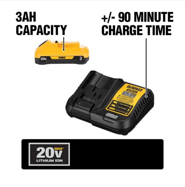 20-Volt MAX Compact Lithium-Ion 3.0Ah Battery Pack with 12-Volt to 20-Volt MAX Charger dewalt The DCB230C includes a 3.0 Amp Hour Lithium-Ion battery pack and charger. 3.0Ah capacity provides run time needed for high demand applications. This pack charges in 45-minutes or less. Same runtime and power in a lighter, shorter package compared to DCB200 33% more runtime than DC9096 18-Volt battery 22% lighter (1.06 lbs.) than DCB200 No memory and virtually no self-discharge for maximum productivity and less downtime 3 LED fuel gauge to quickly check state of charger on battery Part of the 20-Volt max system 3.0 Amp hour capacity Diagnostics with LED indicator for battery charge status of charged, charging, power line problem, replace pack or battery temperature problem Charges DEWALT 12-Volt to 20-Volt max lithium-ion batteries