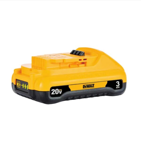 20-Volt MAX Compact Lithium-Ion 3.0Ah Battery Pack with 12-Volt to 20-Volt MAX Charger dewalt The DCB230C includes a 3.0 Amp Hour Lithium-Ion battery pack and charger. 3.0Ah capacity provides run time needed for high demand applications. This pack charges in 45-minutes or less. Same runtime and power in a lighter, shorter package compared to DCB200 33% more runtime than DC9096 18-Volt battery 22% lighter (1.06 lbs.) than DCB200 No memory and virtually no self-discharge for maximum productivity and less downtime 3 LED fuel gauge to quickly check state of charger on battery Part of the 20-Volt max system 3.0 Amp hour capacity Diagnostics with LED indicator for battery charge status of charged, charging, power line problem, replace pack or battery temperature problem Charges DEWALT 12-Volt to 20-Volt max lithium-ion batteries