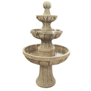 Napa Valley Water Fountain 45 inches Tiered Napa Valley Outdoor Water Fountain The Napa Valley Water Fountain is an elegant garden centerpiece that will have your guests in awe. With three ornately designed tiers, water flows down to its reservoir, creating a peaceful atmosphere for your enjoyment. This fountain is constructed of lightweight and durable Envirostone® and finished with a protective ProCoat® sealant, making it UV, temperature and salt resistant. Material  Composite Flow Rate  290.6 Number of Tiers  3 Includes  Water pump Capacity 5.28 gallon (US) Color/Finish Stone Dimensions  45 in H x 25 in W x 25 in D Weight 43.5lbs Created from Envirostone to resemble the ceramic look of past ages, it is sealed with ProCoat to reduce UV damage and mild scratches. At 45" high and 43.5 pounds, this fountain is ready to be the centerpiece in your circular drive or create an oasis in the garden. Three symmetrical tiers create a musical water cascade sound to create a relaxing environment. Includes UL listed Electronic Pump. Please protect this fountain against frost, snow and heavy rain pooling at the base. For best longevity, we recommend storage inside during the harshest winter weather. We recommend that outdoor fountains be placed in a shady area out of direct sunlight, to retard algae growth.