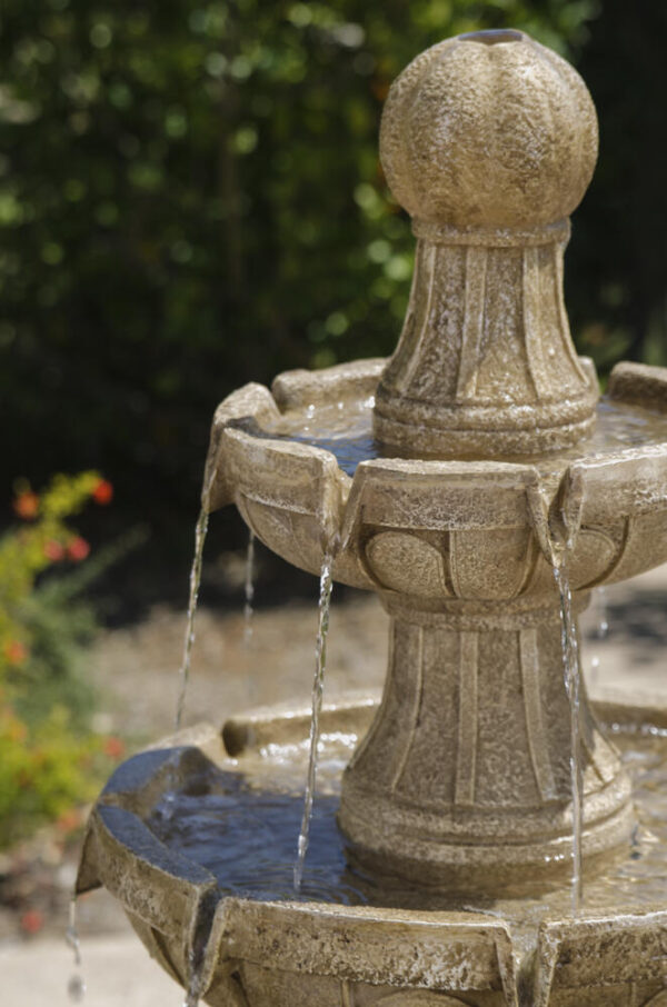 Napa Valley Water Fountain 45 inches Tiered Napa Valley Outdoor Water Fountain The Napa Valley Water Fountain is an elegant garden centerpiece that will have your guests in awe. With three ornately designed tiers, water flows down to its reservoir, creating a peaceful atmosphere for your enjoyment. This fountain is constructed of lightweight and durable Envirostone® and finished with a protective ProCoat® sealant, making it UV, temperature and salt resistant. Material Composite Flow Rate 290.6 Number of Tiers 3 Includes Water pump Capacity 5.28 gallon (US) Color/Finish Stone Dimensions 45 in H x 25 in W x 25 in D Weight 43.5lbs Created from Envirostone to resemble the ceramic look of past ages, it is sealed with ProCoat to reduce UV damage and mild scratches. At 45" high and 43.5 pounds, this fountain is ready to be the centerpiece in your circular drive or create an oasis in the garden. Three symmetrical tiers create a musical water cascade sound to create a relaxing environment. Includes UL listed Electronic Pump. Please protect this fountain against frost, snow and heavy rain pooling at the base. For best longevity, we recommend storage inside during the harshest winter weather. We recommend that outdoor fountains be placed in a shady area out of direct sunlight, to retard algae growth.