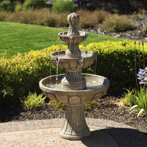 Napa Valley Water Fountain 45 inches Tiered Napa Valley Outdoor Water Fountain The Napa Valley Water Fountain is an elegant garden centerpiece that will have your guests in awe. With three ornately designed tiers, water flows down to its reservoir, creating a peaceful atmosphere for your enjoyment. This fountain is constructed of lightweight and durable Envirostone® and finished with a protective ProCoat® sealant, making it UV, temperature and salt resistant. Material Composite Flow Rate 290.6 Number of Tiers 3 Includes Water pump Capacity 5.28 gallon (US) Color/Finish Stone Dimensions 45 in H x 25 in W x 25 in D Weight 43.5lbs Created from Envirostone to resemble the ceramic look of past ages, it is sealed with ProCoat to reduce UV damage and mild scratches. At 45" high and 43.5 pounds, this fountain is ready to be the centerpiece in your circular drive or create an oasis in the garden. Three symmetrical tiers create a musical water cascade sound to create a relaxing environment. Includes UL listed Electronic Pump. Please protect this fountain against frost, snow and heavy rain pooling at the base. For best longevity, we recommend storage inside during the harshest winter weather. We recommend that outdoor fountains be placed in a shady area out of direct sunlight, to retard algae growth.