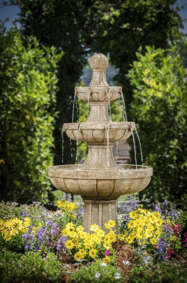 Napa Valley Water Fountain 45 inches Tiered Napa Valley Outdoor Water Fountain The Napa Valley Water Fountain is an elegant garden centerpiece that will have your guests in awe. With three ornately designed tiers, water flows down to its reservoir, creating a peaceful atmosphere for your enjoyment. This fountain is constructed of lightweight and durable Envirostone® and finished with a protective ProCoat® sealant, making it UV, temperature and salt resistant. Material Composite Flow Rate 290.6 Number of Tiers 3 Includes Water pump Capacity 5.28 gallon (US) Color/Finish Stone Dimensions 45 in H x 25 in W x 25 in D Weight 43.5lbs Created from Envirostone to resemble the ceramic look of past ages, it is sealed with ProCoat to reduce UV damage and mild scratches. At 45" high and 43.5 pounds, this fountain is ready to be the centerpiece in your circular drive or create an oasis in the garden. Three symmetrical tiers create a musical water cascade sound to create a relaxing environment. Includes UL listed Electronic Pump. Please protect this fountain against frost, snow and heavy rain pooling at the base. For best longevity, we recommend storage inside during the harshest winter weather. We recommend that outdoor fountains be placed in a shady area out of direct sunlight, to retard algae growth.