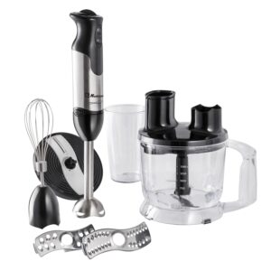 800-Watt 2-Speed Kitchen Magic Collection Immersion Mixer Koblenz Mix it up with this handy Koblenz 800 Watt 2-Speed Kitchen Magic Collection Immersion Mixer! This mixer features stainless steel blades, as well as a powerful 800 watt motor. Use this mixer to easily mix, blend, puree, and chop. Current Rating: 7.4100 AMPERE Cord Length: 3.8000 FEET Material: Plastic PP + Metal + Copper Product Dimensions (L x W x H, Weight): 6 x 8 x 9.5 in., 3.1 lbs. Variable speed control 2-speed Mixes, blends, purees, and chops Chopping disc Sizing disc Stainless steel blades Chopping bowl 600 mL measuring cup Ergonomic handle 800 watt Easy to clean 2-year warranty Black Product Manual Here