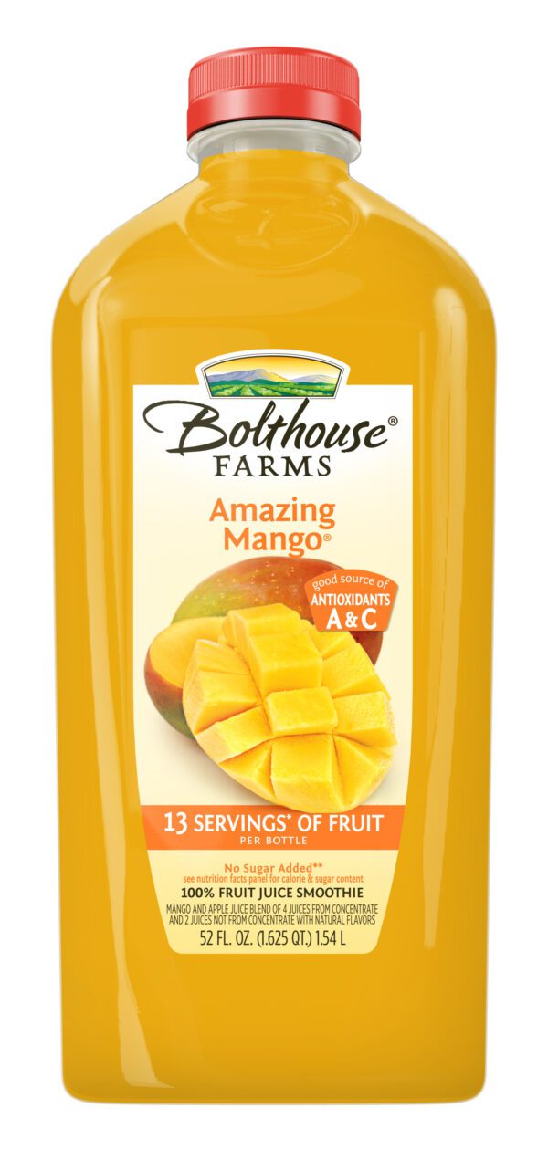 Bolthouse Farms Fruit Juice Smoothie, Amazing Mango, 52 oz It starts with the world's most beloved stone fruit. Our mango is grown in humid, tropical climates for natural sweetness. We add the perfect dose of banana, apple and orange to round out its exotic flavor. Perfect for breakfast on-the-go or a mid-day pick-me-up, this Bolthouse juice smoothie is as nutritious as it is delicious! Making Better Choices for the Planet At Bolthouse Farms, we believe in making better choices about how our food is grown. We use compost to amend the soil on a regular basis, to replenish organic matter and nurture the roots. About Bolthouse Farms For more than a century, Bolthouse Farms has been known as the innovation leader in growing and distributing carrots and high-quality, innovative branded products. Employing more than 2,200 people and headquartered in Bakersfield in California's fertile San Joaquin Valley, Bolthouse Farms is one of the largest carrot growers and distributors in the U.S. Guided by its vision – Plants Powering People – the Company produces and sells super-premium juices, smoothies, café beverages, protein shakes, functional beverages and premium refrigerated dressings, all under the Bolthouse Farms brand name. Ingredients Mango Puree From Concentrate (Water, Mango Puree Concentrate), Apple Juice From Concentrate (Water, Apple Juice Concentrate), Orange Juice From Concentrate (Water, Orange Juice Concentrate), Banana Puree, Pineapple Juice From Concentrate (Water, Pineapple Juice Concentrate), Lemon Juice, Natural Flavors