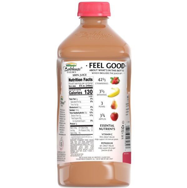 Bolthouse Farms Fruit Juice Smoothie, Strawberry Banana, 52 oz Everyone has a secret ingredient in their Strawberry Banana smoothie,Bolthouse Farms Juice. Ours is getting up earlier and staying a bit later to make sure the fruit is grown, juiced and mixed just right. That and a touch of apple and pear. Perfect for breakfast on-the-go or a mid-day pick-me-up, this Bolthouse juice smoothie is as nutritious as it is delicious! Ingredients Strawberry Puree, Banana Puree, Pear Juice From Concentrate (Water, Pear Juice Concentrate), Apple Juice From Concentrate (Water, Apple Juice Concentrate), Apple Puree From Concentrate (Water, Apple Puree Concentrate), Pectin, Natural Flavors, Vitamin C (Ascorbic Acid) Excellent source of Vitamin C No artificial preservatives or flavors Gluten free Bolthouse Farms offers a variety of drinks including fruit juice, vegetable juice, protein beverages, and more