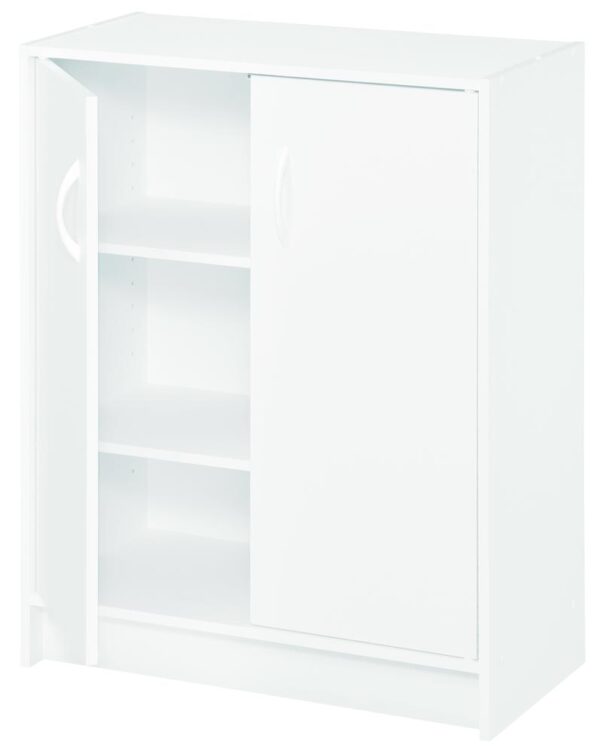 ClosetMaid 24 inches W x 11 inches D White Storage Cabinet ClosetMaid® stackable Storage Organizers are a convenient way to hold shoes, hobbies, media and office supplies. Use in or out of the closet to store t-shirts, shoes and accessories like sweaters and denim. Designed to work perfectly with other Stackable Storage Organizers. Assembly Details Assembly Required Maximum Weight Capacity 100 pounds Includes Shelves, Doors, Handles, Hardware Material Laminated Wood Number of Doors 2 Number of Shelves 2 Shelf Weight Capacity 25 pounds Weight 31 pounds