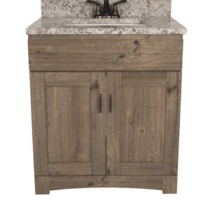Dakota Monroe 30 inches W 21 inches D Cottage Bathroom Vanity Cabinet The Monroe Collection creates elegant and functional furnishings that make your home a showcase for your taste and style. This space saving vanity features a shaker style design and generous interior storage. Cabinet Color  Cottage Hardware Finish   Not Included Cabinet Material  Engineered Wood Number of Doors  2 Number of Drawers  No Drawers Installation Type Freestanding Assembly Details  Fully Assembled Compatible Top Dimensions  31"W x 22"D Toekick Style  Enclosed Dimensions  34 in H x 30 in W x 21-5/8 in D Weight  67 pounds ATTN: Vanity top, faucet and cabinet hardware sold separately Shaker door design with finished interior Double door vanity base with toe kick Adjustable soft close hinges Generous interior storage Comfortable 34" height Perfect for smaller bathrooms ATTN: Vanity top, faucet and cabinet hardware sold separately