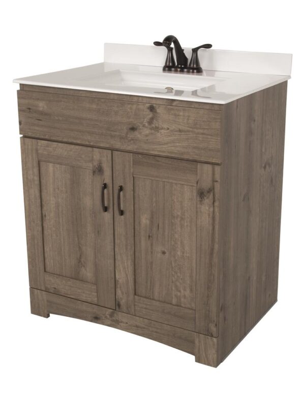 Dakota Monroe 30 inches W 21 inches D Cottage Bathroom Vanity Cabinet The Monroe Collection creates elegant and functional furnishings that make your home a showcase for your taste and style. This space saving vanity features a shaker style design and generous interior storage. Cabinet Color Cottage Hardware Finish Not Included Cabinet Material Engineered Wood Number of Doors 2 Number of Drawers No Drawers Installation Type Freestanding Assembly Details Fully Assembled Compatible Top Dimensions 31"W x 22"D Toekick Style Enclosed Dimensions 34 in H x 30 in W x 21-5/8 in D Weight 67 pounds ATTN: Vanity top, faucet and cabinet hardware sold separately Shaker door design with finished interior Double door vanity base with toe kick Adjustable soft close hinges Generous interior storage Comfortable 34" height Perfect for smaller bathrooms ATTN: Vanity top, faucet and cabinet hardware sold separately