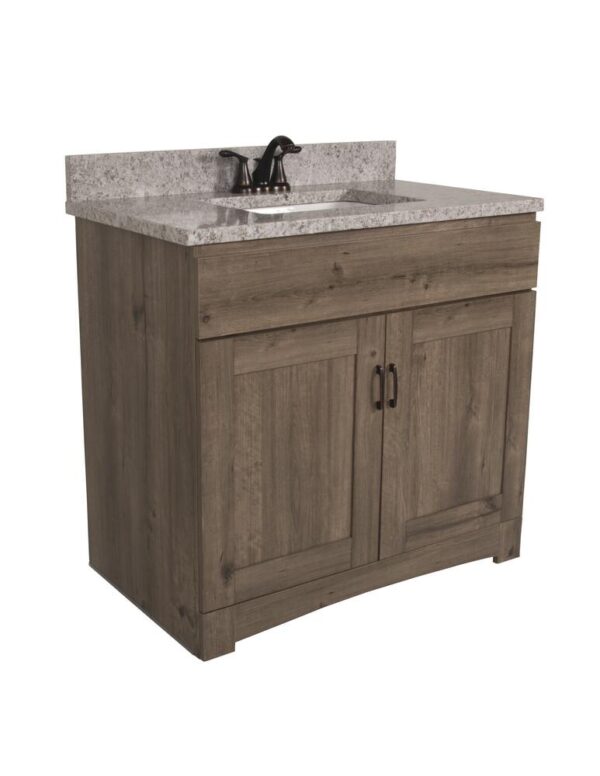 Dakota Monroe 36 inches W x 21 inches D Cottage Bathroom Vanity Cabinet The Monroe Collection creates elegant and functional furnishings that make your home a showcase for your taste and style. This space saving vanity features a shaker style design and generous interior storage. Hardware Finish Not Included Cabinet Material Engineered Wood Installation Type Freestanding Number of Drawers No Drawers Assembly Details Fully Assembled Toekick Style Enclosed Compatible Top Dimensions 37"W x 22"D Dimensions 34 in H x 36.00 in W x 21-5/8 in D Weight 77 pounds ATTN:Vanity top, faucet and cabinet hardware sold separately